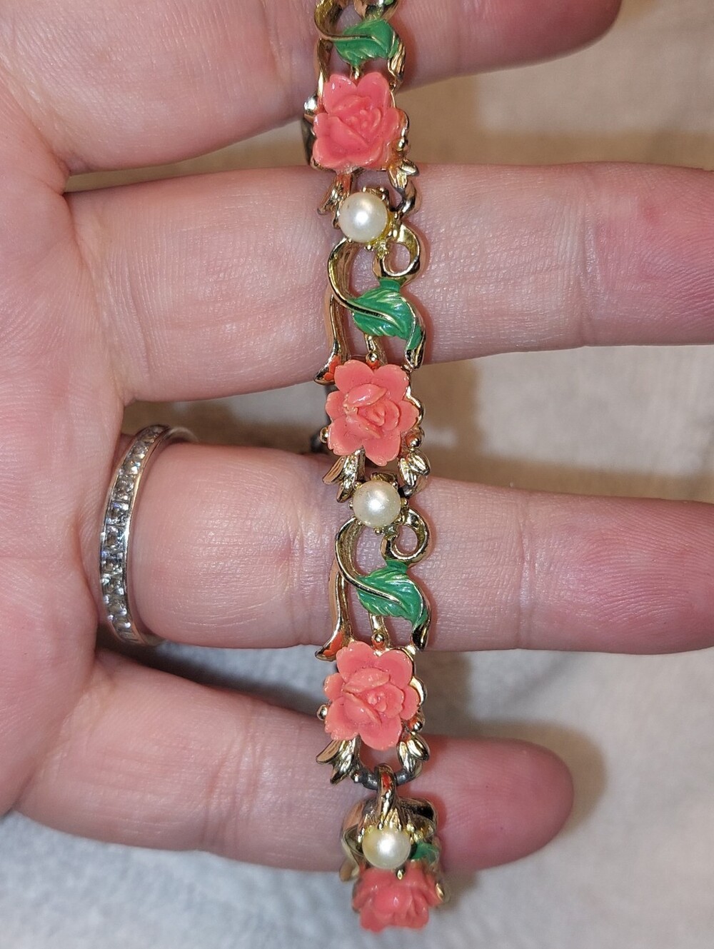 Floral Coral Rose Bracelet with Pearls - Women Jewelry